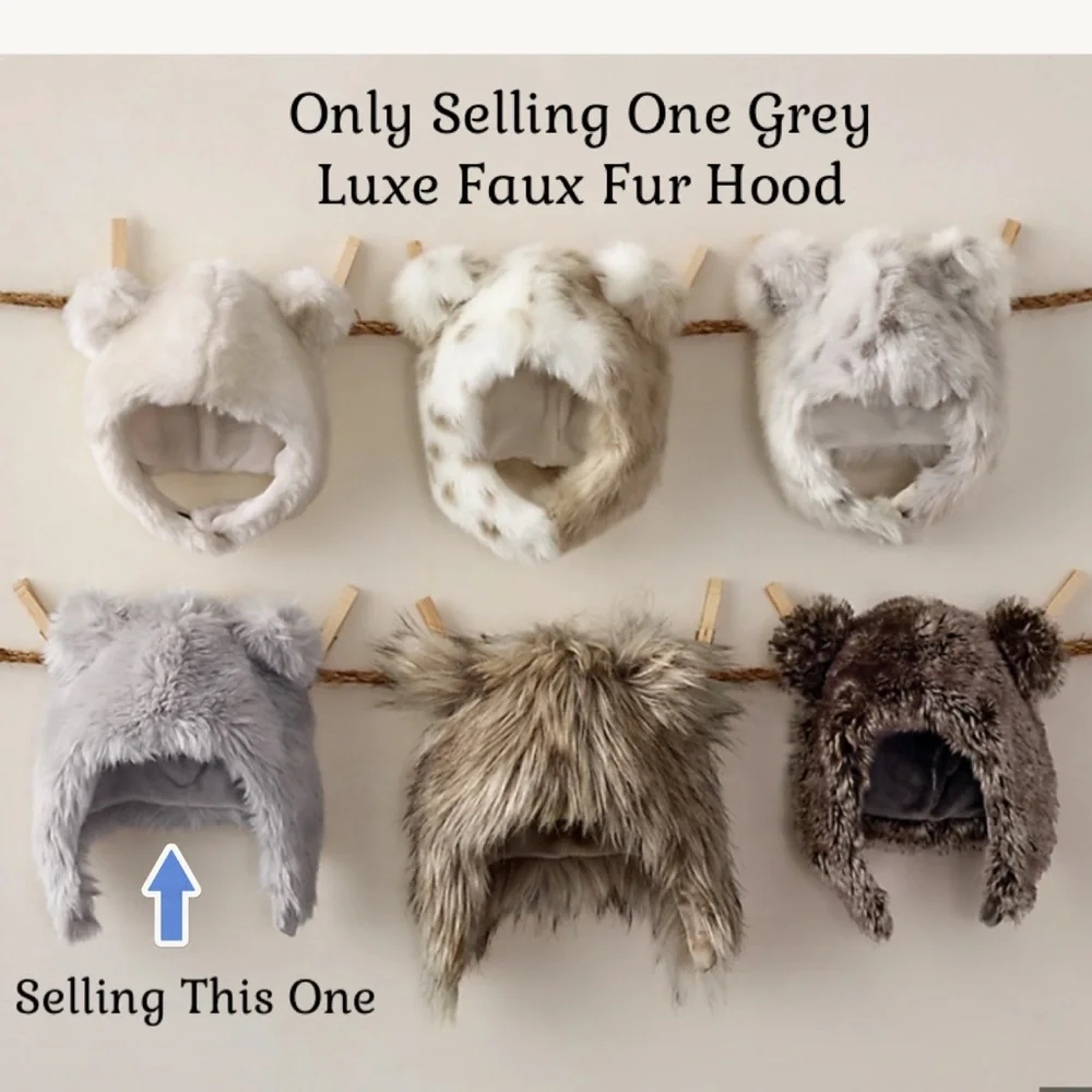 Restoration Hardware LUXE Fur Baby Animal Hood - Grey - 12 Months NWT